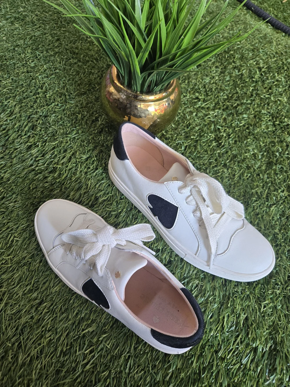 kate spade White Leather Sneakers with Black Heart Accents